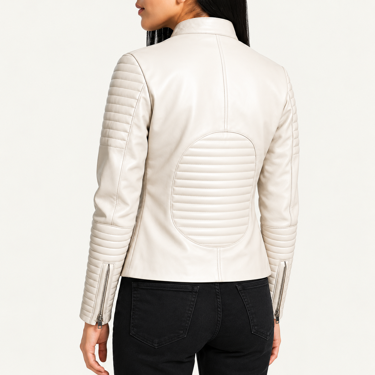 Women's Classic Ivory White Quilted Leather Café Racer Jacket – Stand Collar Zip-Up Jacket Gallery